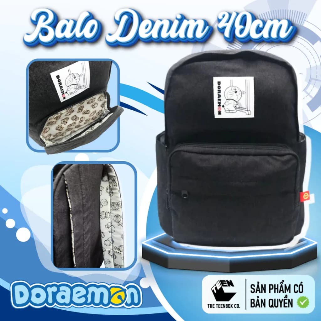Balo Jean Doraemon – Balo Đi Học Thời Trang Unisex, Vải Jean Cao Cấp, Nhẹ Bền, Size 40x30cm