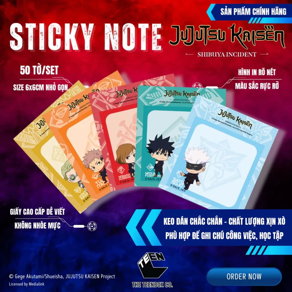 Set 50 Tờ Giấy Ghi Chú Jujutsu Kaisen, Giấy Note Anime, Sản Phẩm Chính Hãng, Sản Xuất Bởi Teenbox