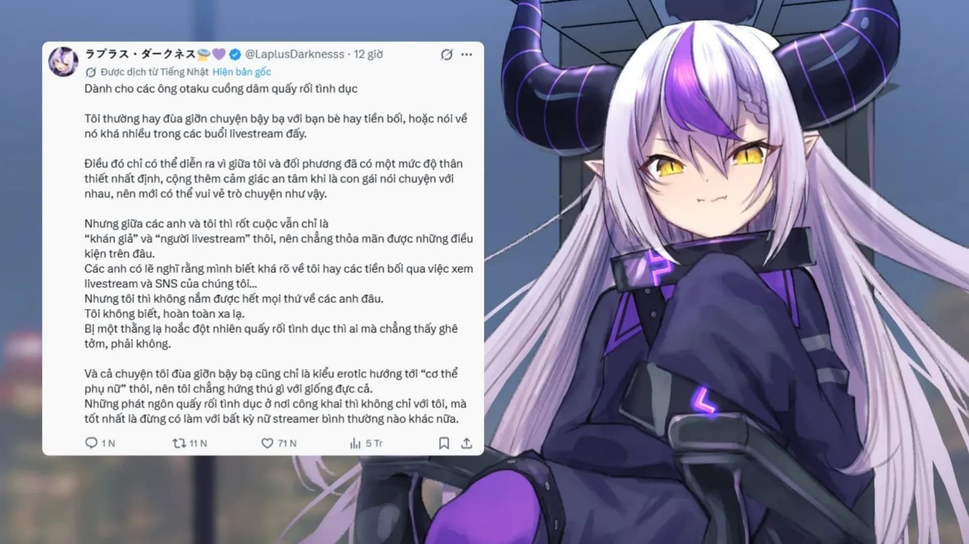 VTuber La+ Darknesss của hololive lên tiếng cảnh báo các bình luận quấy rối tình dục công khai nhắm vào khán giả nam!